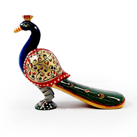 Wooden Painted Long Tail Peacock - 13cm Length
