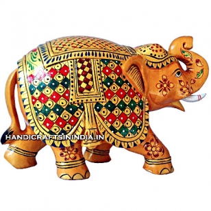 Wooden Painted Trunk up lifted Elephant