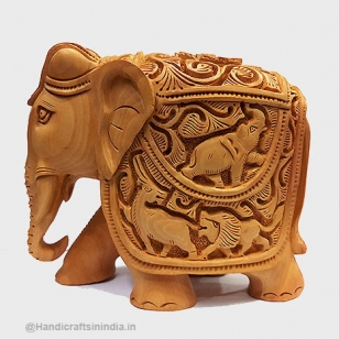 Handmade Shikar Carved Wooden Elephant