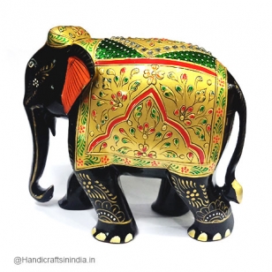 Wooden Painted Elephant (Black) - 15cm Height