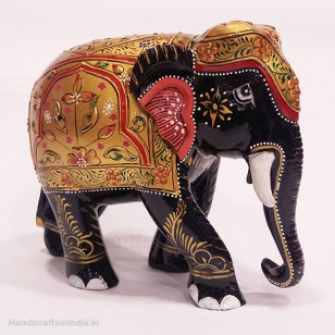Wooden Embossed Painted Elephant (Black) - 13cm Height