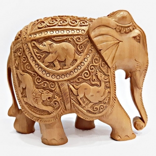 Wooden Shikar Carved Elephant Statue (13cm Height)