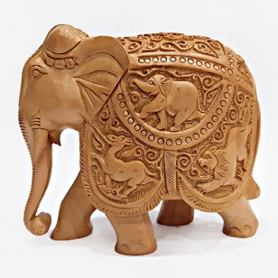 Wooden Shikar Carved Elephant Statue (15cm Height)