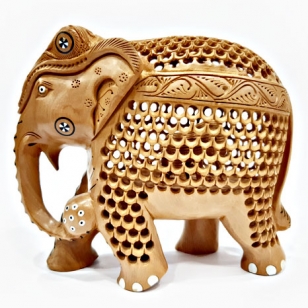 Wooden Jali Pattern Elephant (15cm Height)