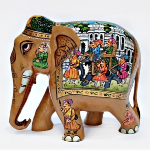 Wooden Elephant with Fine Miniature Painting