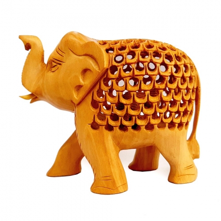Wooden Jali Trunk up Elephant 10cm