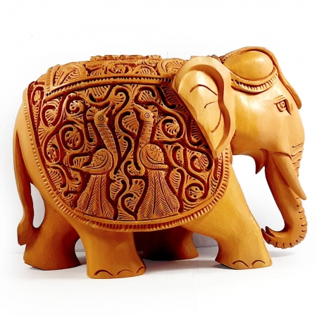 Wooden Elephant with Peacock Carving