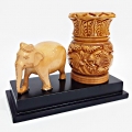 Wooden Carved Elephant  & Pen Stand
