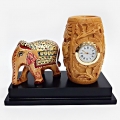 Wooden Clock, Pen Holder & Painted Elephant