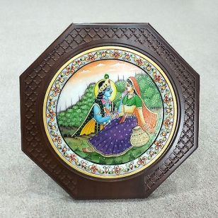 Marble Radha Krishna Painting with Wooden Frame 12 inch