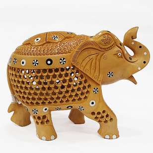 Wooden Jali & Inlaid Trunk up Elephant - 13cm Height