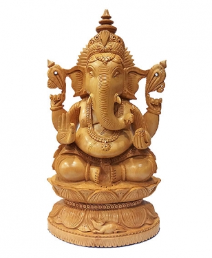 Wood Carving Lotus Ganesh Statue 