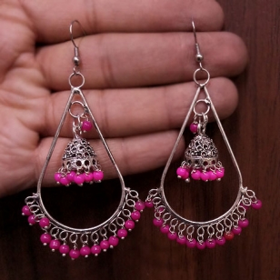 Jhumki Earrings with Pink Beads