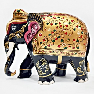 Wooden Embossed Painted Elephant (Black) - 15cm Height