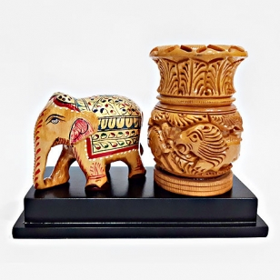 Painted Wooden Elephant & Pen Holder