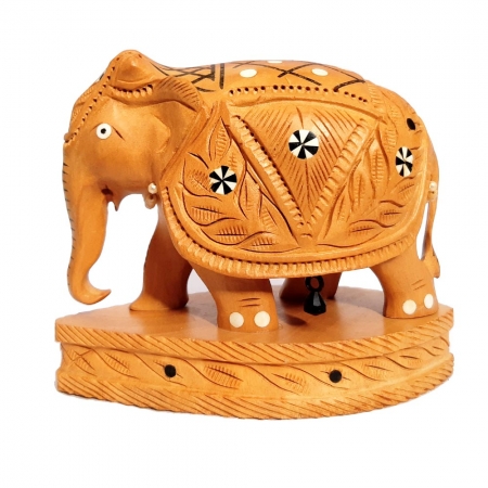 Wood Carved Inlaid Elephant (8cm Height)