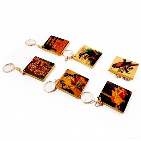 Wooden Painted Mirror Keychain - Pack of 6pc