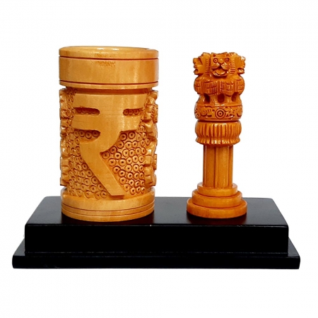 Wooden Pen holder with Ashoka pillar 