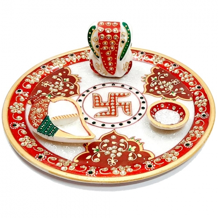 Marble pooja thali with leaves design