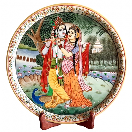 Beautiful Radha Krishna Painting on Marble Plate ( 30 cm Diameter) 