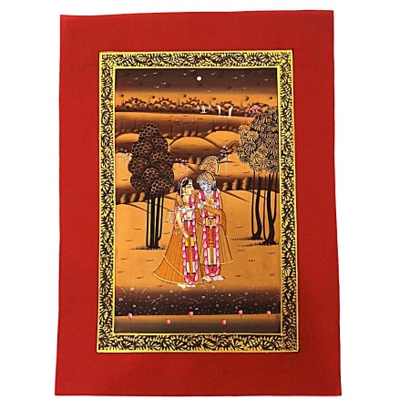 Red Silk Painting of Radha & Krishna Unframed