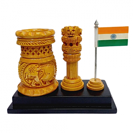 Wood Carving Ashoka Pillar with Pen Stand & National Flag 