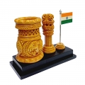 Wood Carving Ashoka Pillar with Pen Stand & National Flag 