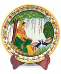 Marble painting – Sitting lady with 2 Peacock