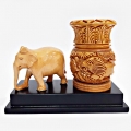 Wooden Carved Elephant  & Pen Stand