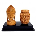 Wooden Carved Pen Holder with Buddha Statue